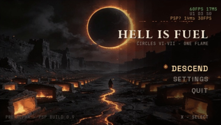 Hell Is Fuel title screen running at native PSP resolution.