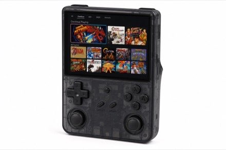 Design mockup of AAhead Shell on a smoke-black Anbernic R36S: a Continue Playing row of game art above a grid of curated classics on the 640x480 screen.